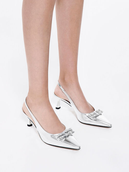 Bow Crystal-Embellished Metallic Leather Slingback Pumps, Silver, hi-res