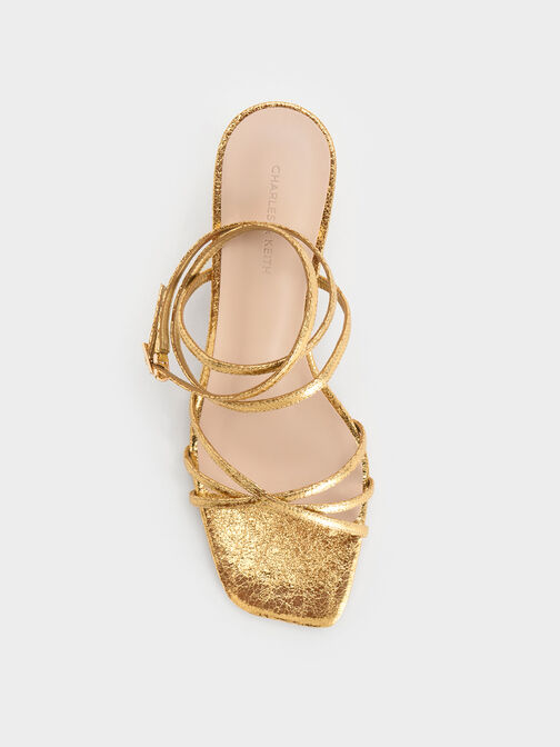 Metallic Crinkle-Effect Strappy Ankle-Strap Kitten-Heel Sandals, Gold, hi-res
