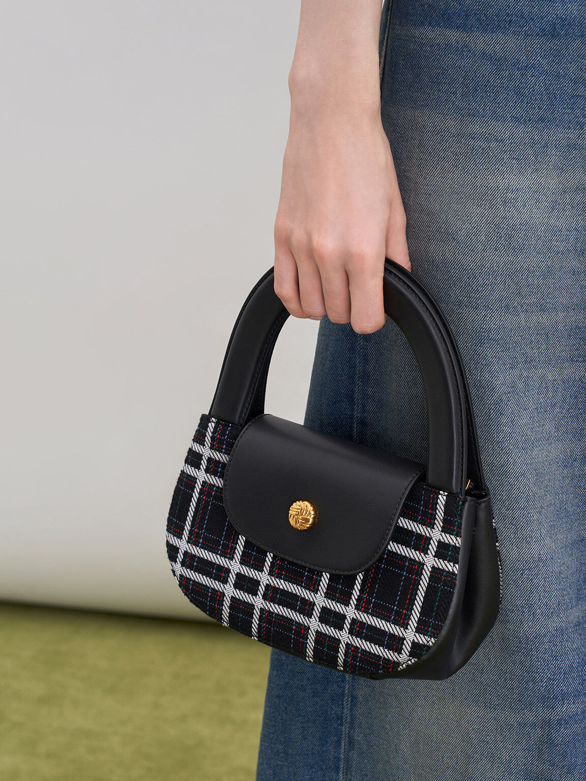 Check-Print Double Handle Curved Tote, Multi, hi-res