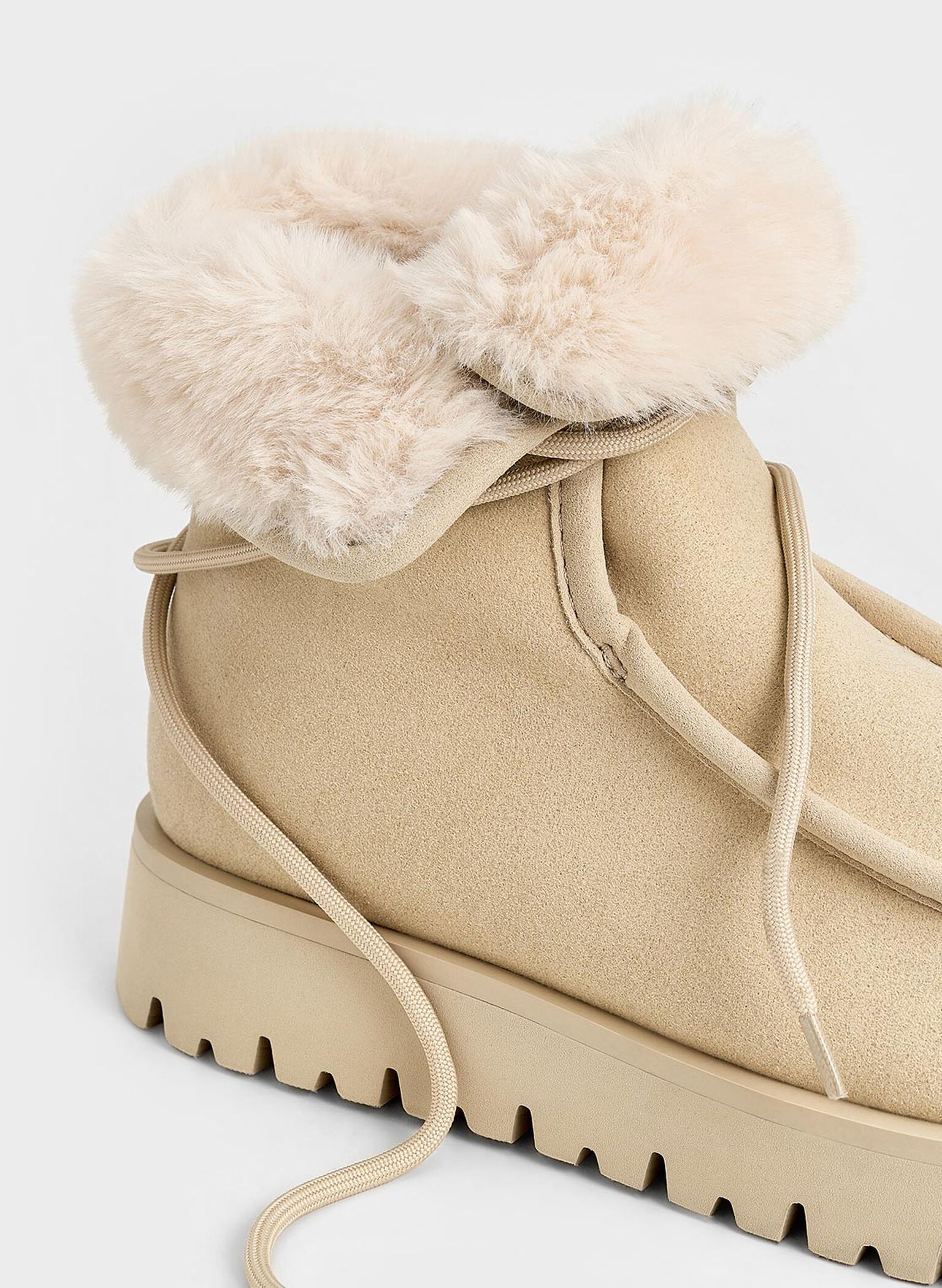 Textured Fur-Lined Ridged-Sole Ankle Boots, Beige, hi-res