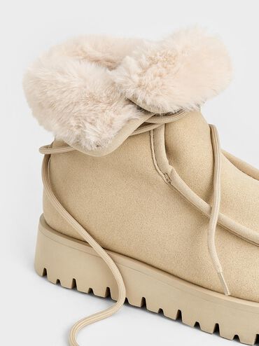 Textured Fur-Lined Ridged-Sole Ankle Boots, Beige, hi-res