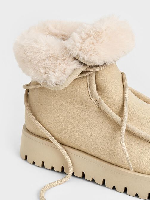 Textured Fur-Lined Ridged-Sole Ankle Boots, Beige, hi-res
