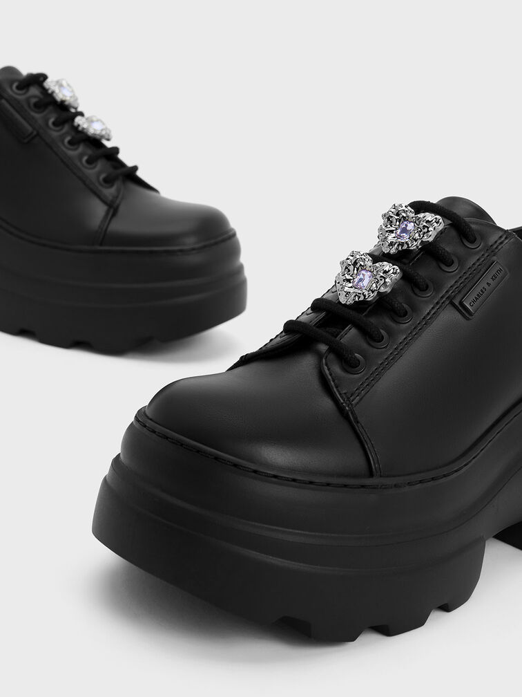 Crystal Heart-Motif Lace-Up Oxfords, Black, hi-res