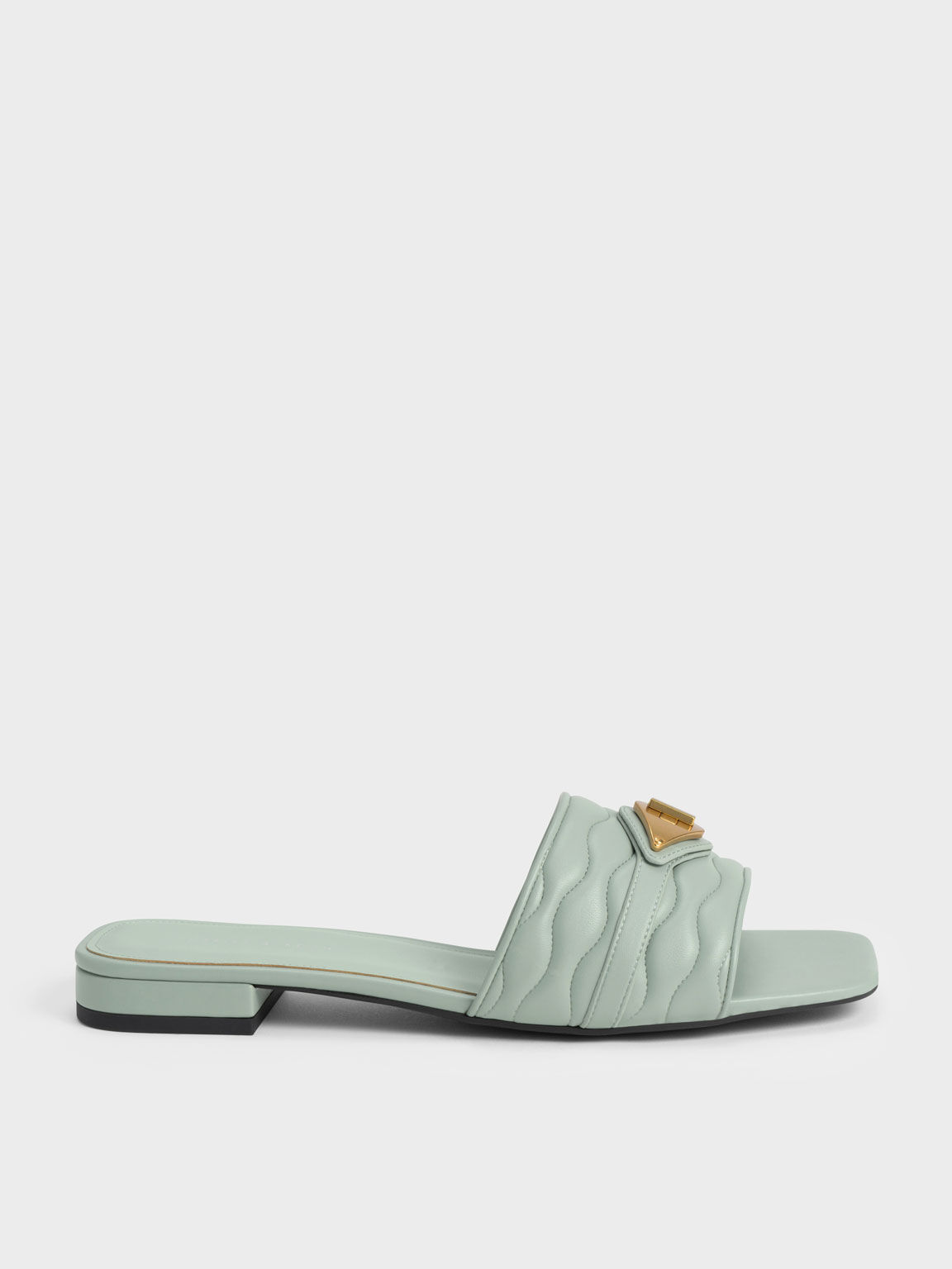 Metallic Buckle Textured Slides, Mint Green, hi-res