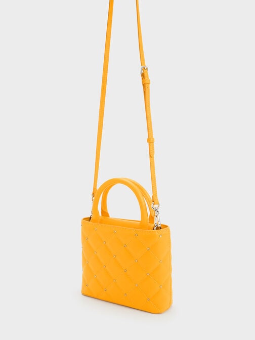 Gem-Embellished Padded Tote Bag, Orange, hi-res