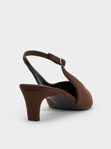 Faux Suede Pointed-Toe Kitten-Heel Slingback Pumps, Dark Brown, hi-res