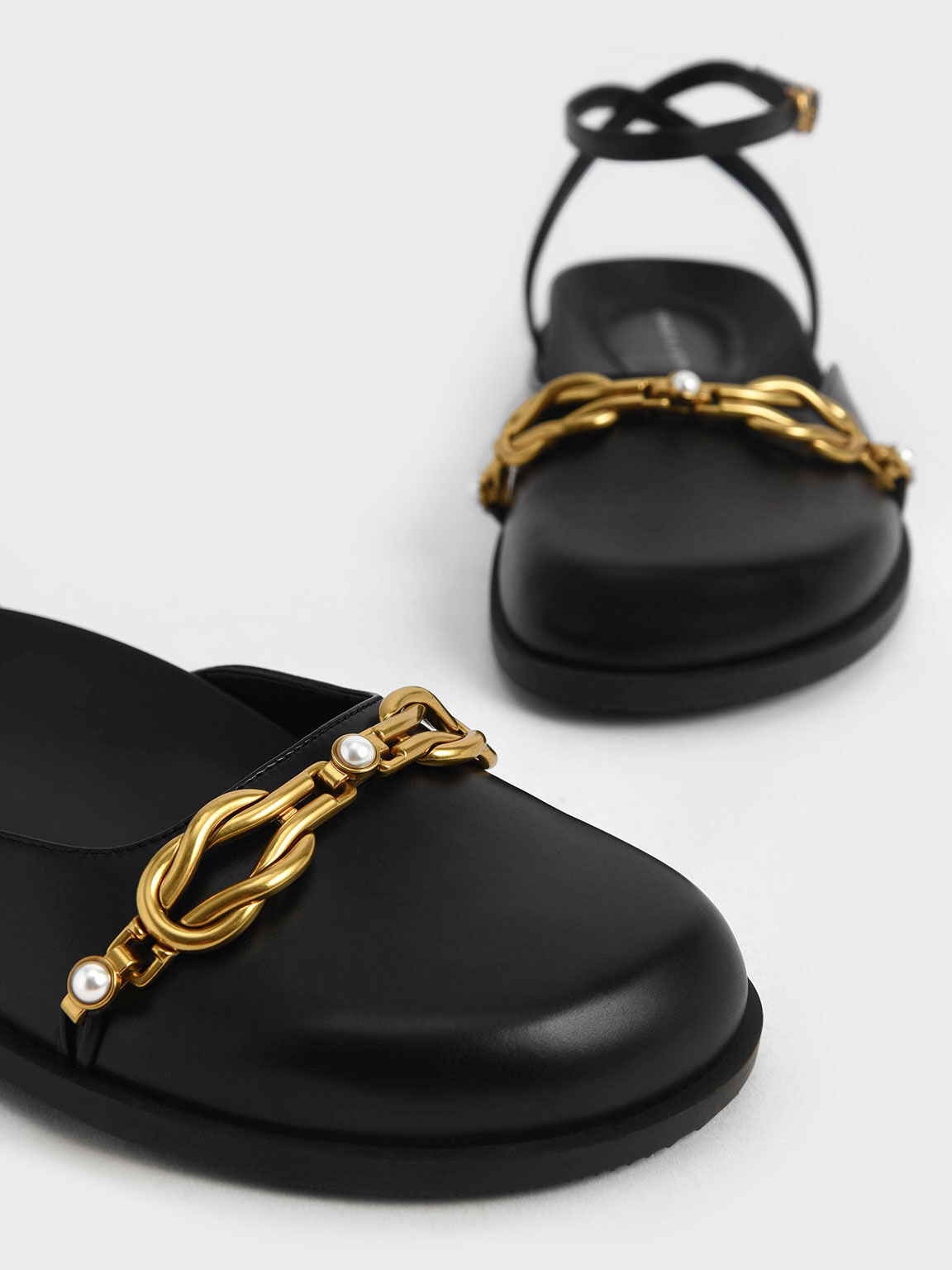 Beaded Chain-Link Ankle Strap Flats, Black, hi-res