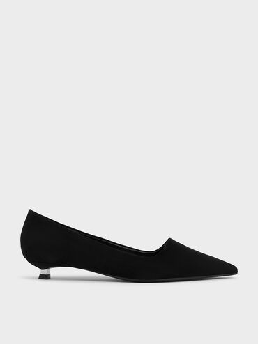 Faux Suede Pointed-Toe Kitten-Heel Pumps, Black Textured, hi-res