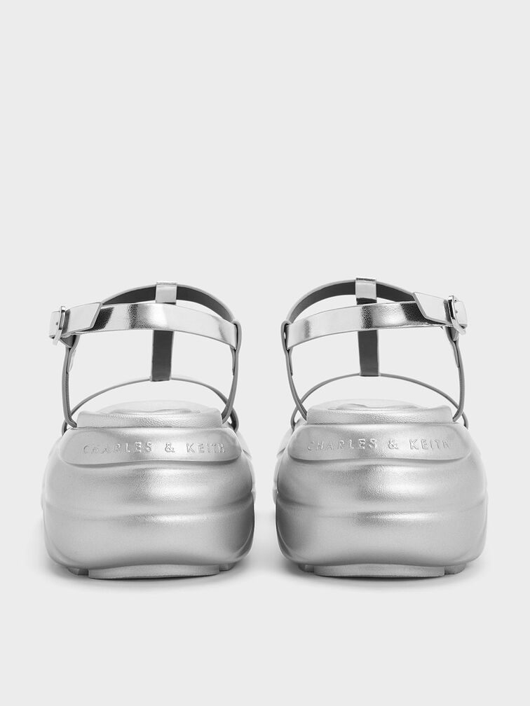 Metallic T-Bar Curved Platform Sports Sandals, Silver, hi-res