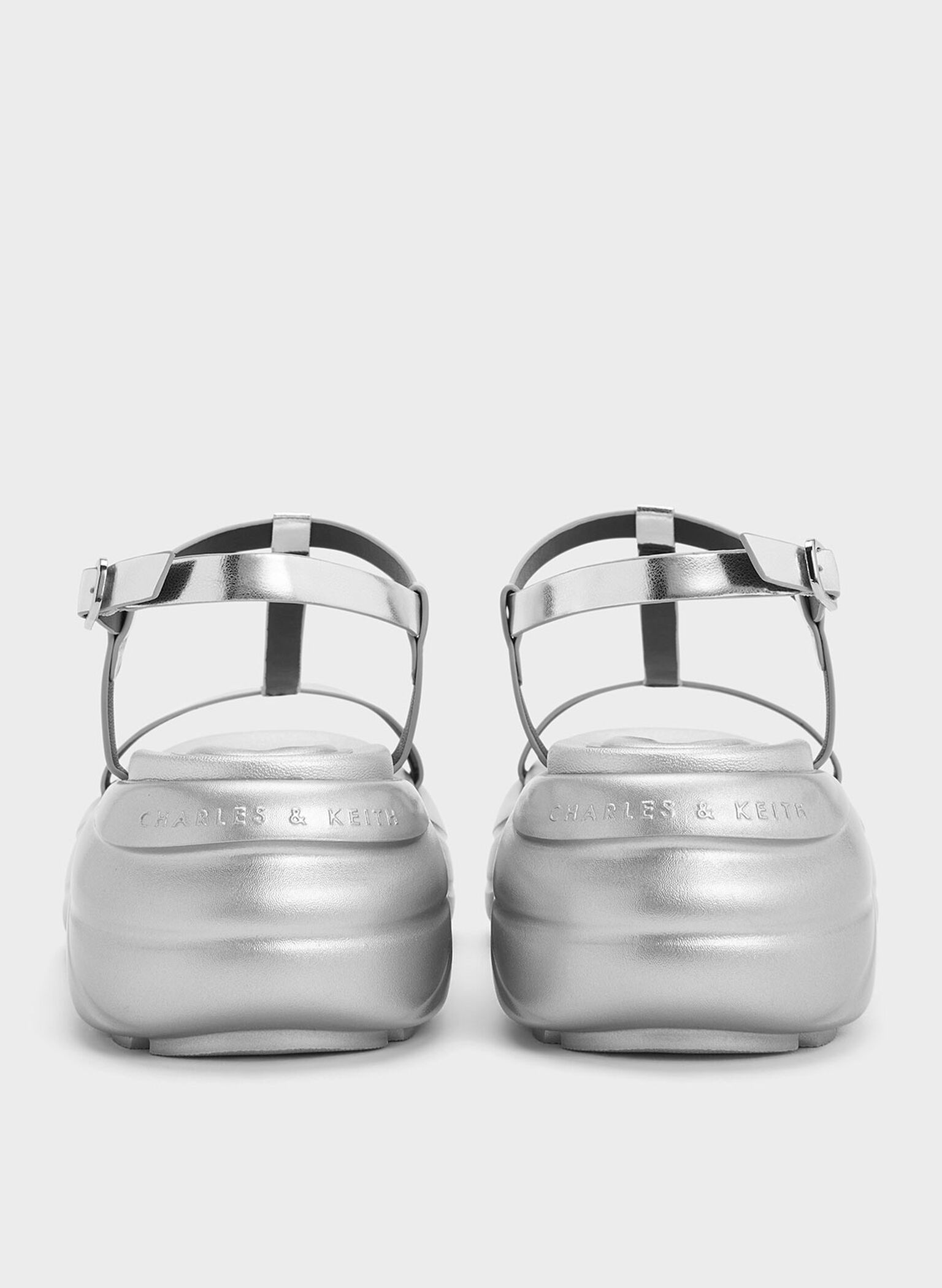 Metallic T-Bar Curved Platform Sports Sandals, Silver, hi-res