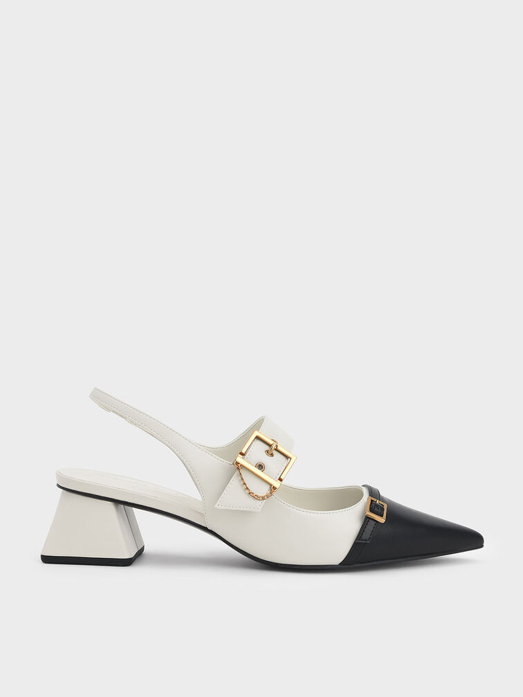 Double Buckle Flare Heel Slingback Pumps, Chalk, hi-res