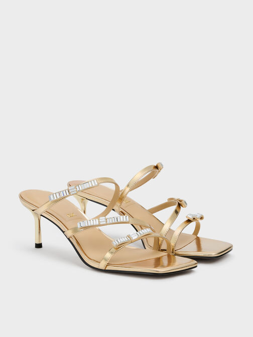 Jessy Leather Gem-Bow Heeled Sandals, Gold, hi-res