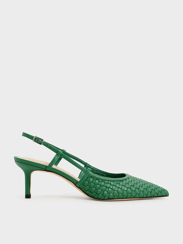 Woven Slingback Pumps, Green, hi-res