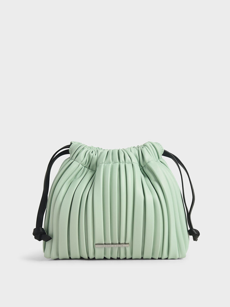 Pleated Drawstring Bag, Mint Green, hi-res