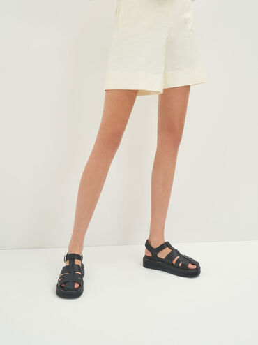 Buckled Caged Sandals, Black, hi-res