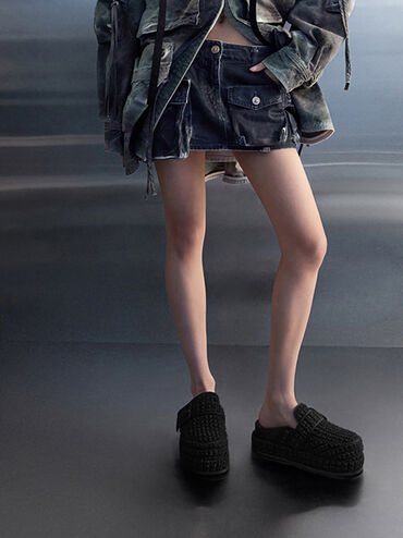 Loren Textured Flatform Mules, Black Textured, hi-res