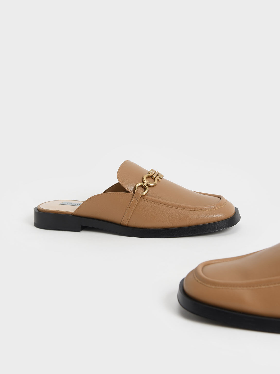 Chain-Embellished Loafer Mules, Camel, hi-res