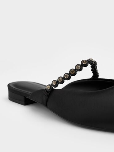 Gem-Strap Flat Mules, Black, hi-res