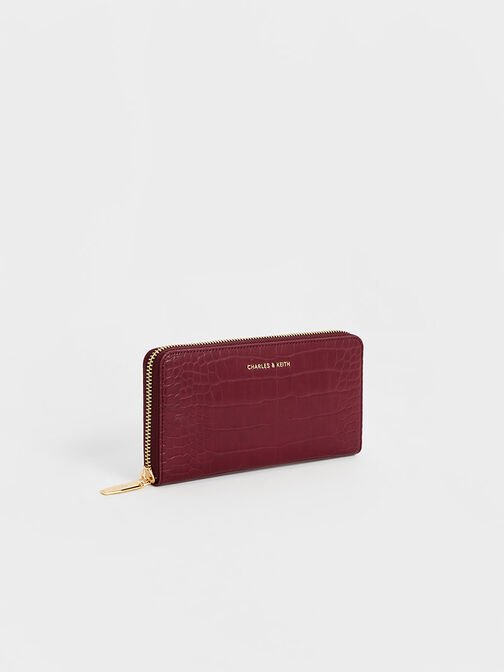 Croc-Effect Zip-Around Long Wallet, Burgundy, hi-res