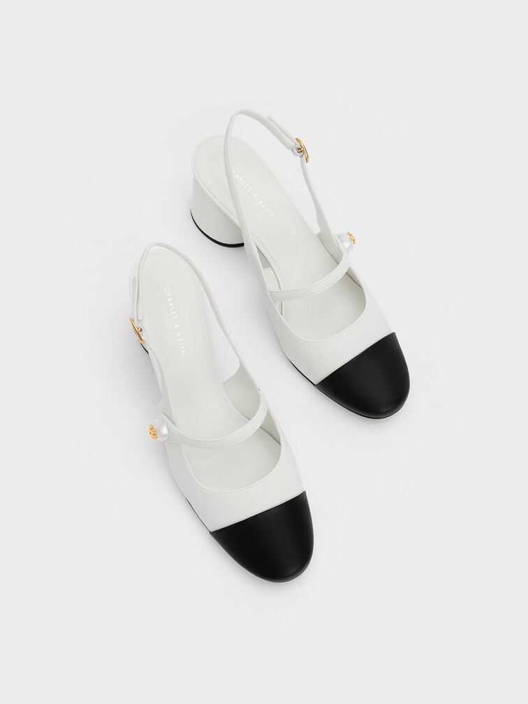 小花珍珠釦粗跟鞋, 白色, hi-res