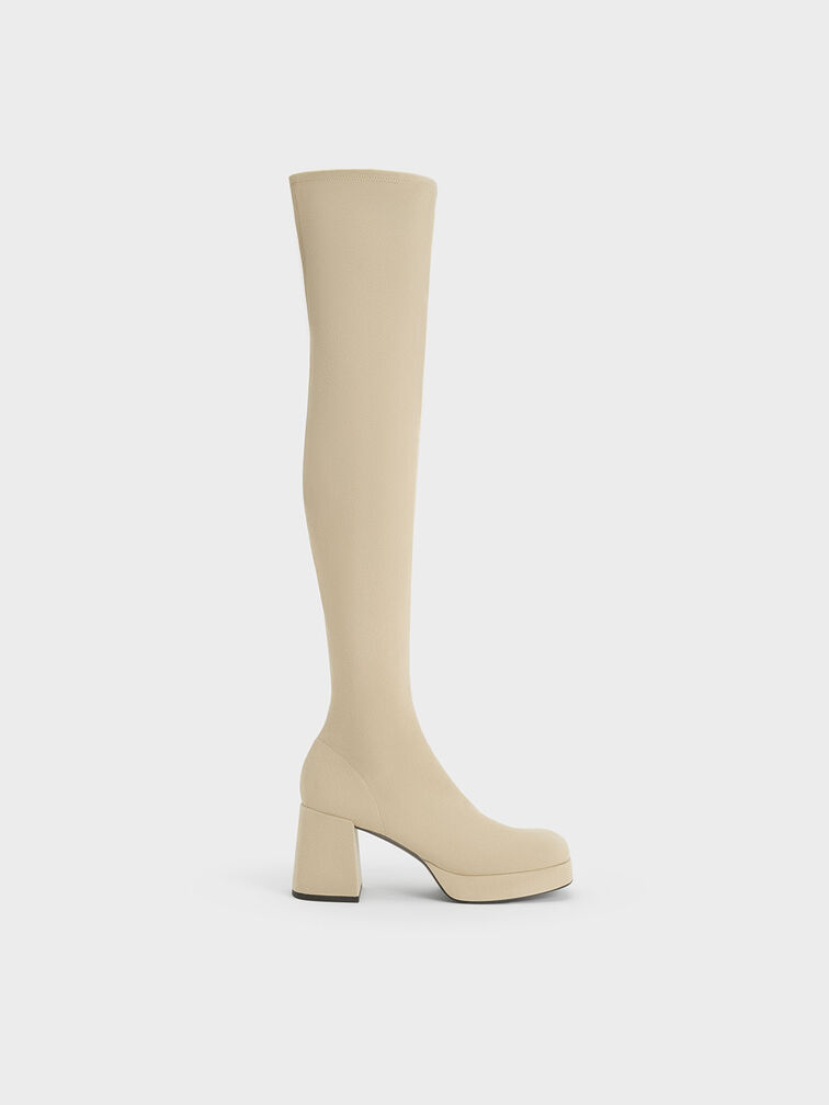 Evie Textured Platform Thigh-High Boots, Beige, hi-res