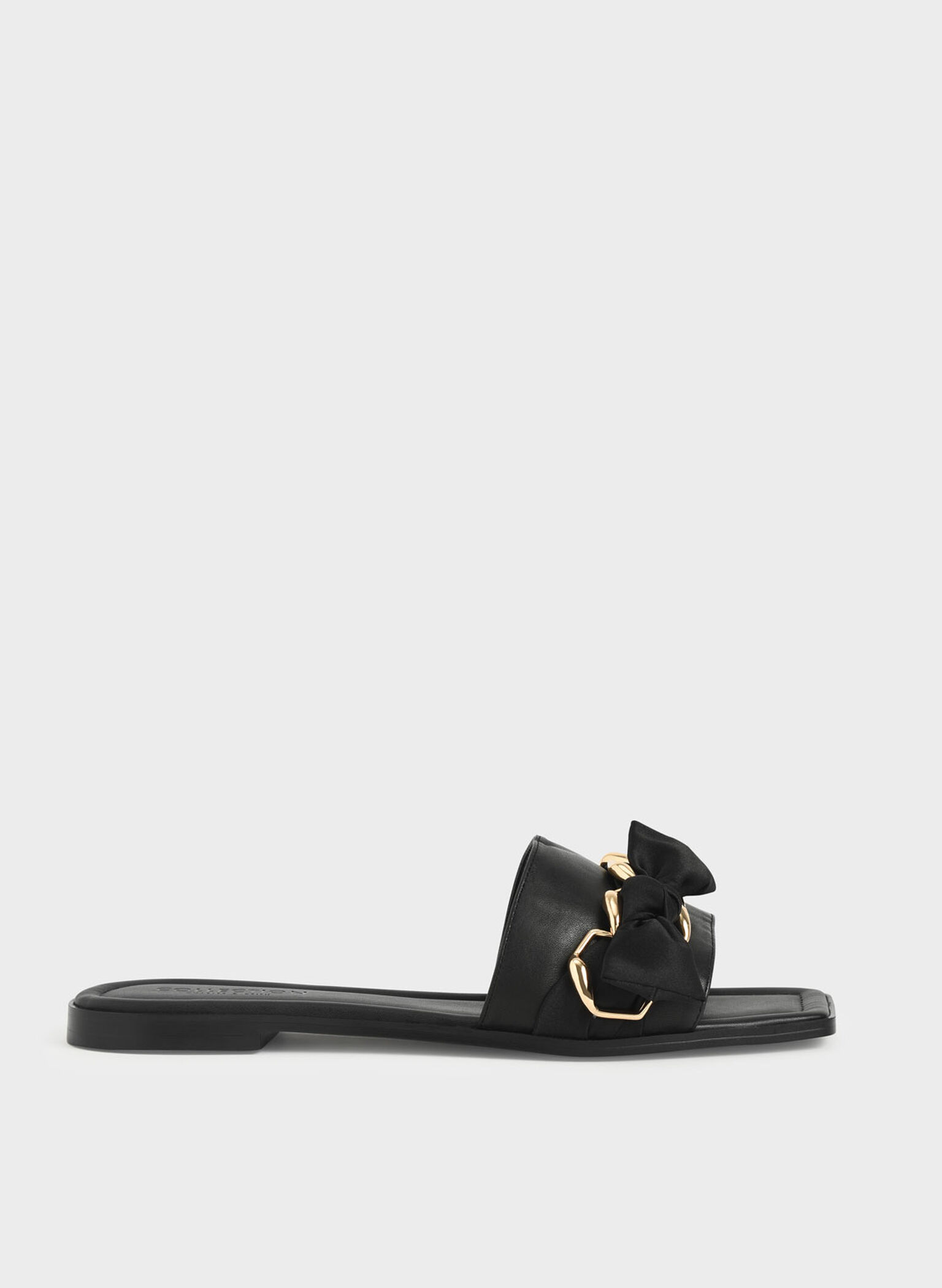 Satin Scarf Leather Slide Sandals, Black, hi-res