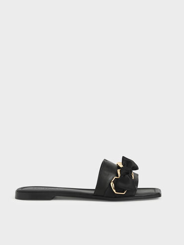 Satin Scarf Leather Slide Sandals, Black, hi-res