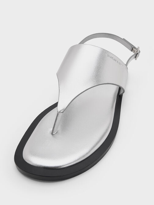 Metallic V-Strap Slingback Thong Sandals, Silver, hi-res