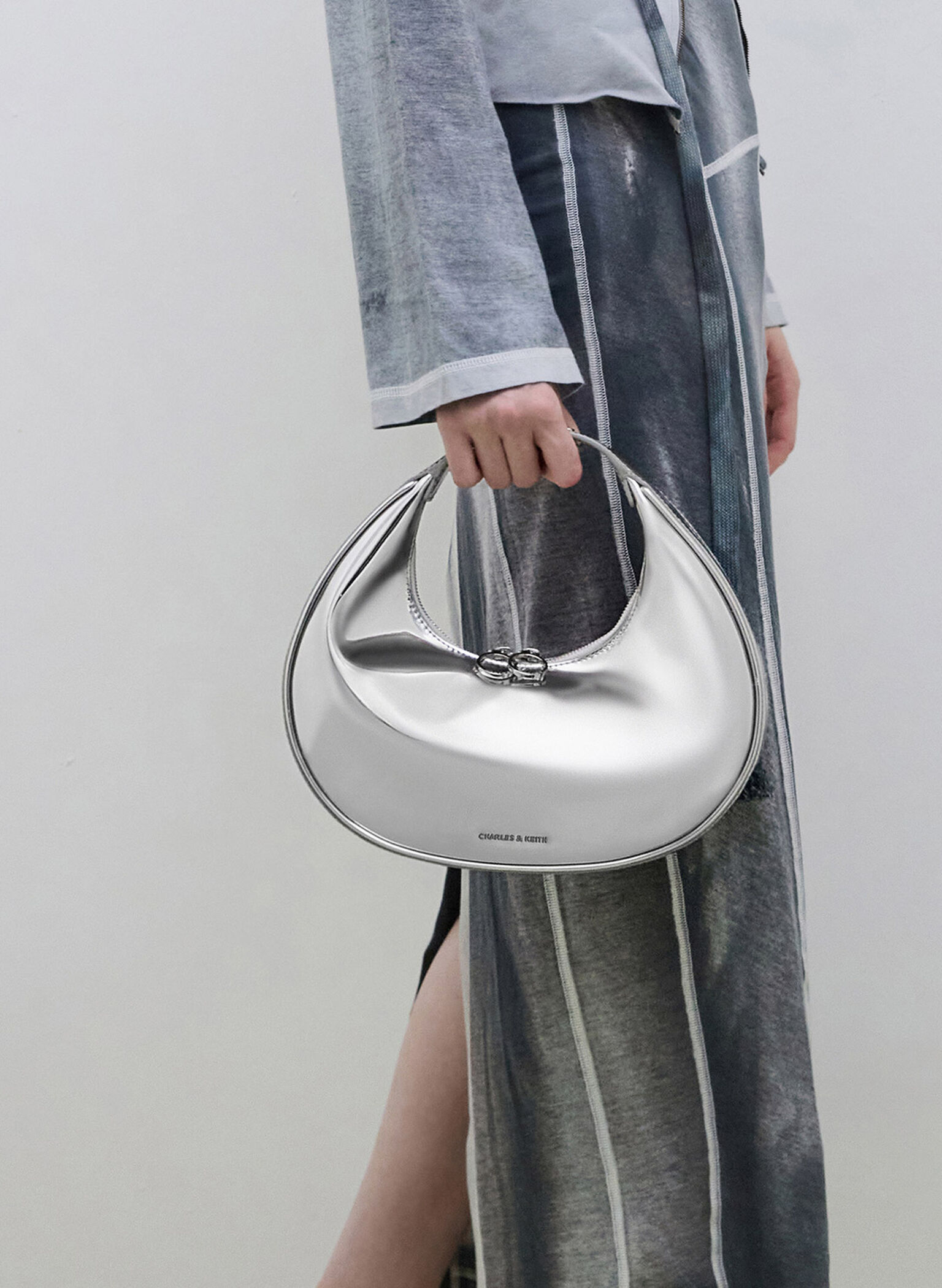 Metallic Crescent Hobo Bag, Silver, hi-res