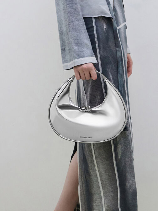 Metallic Crescent Hobo Bag, Silver, hi-res
