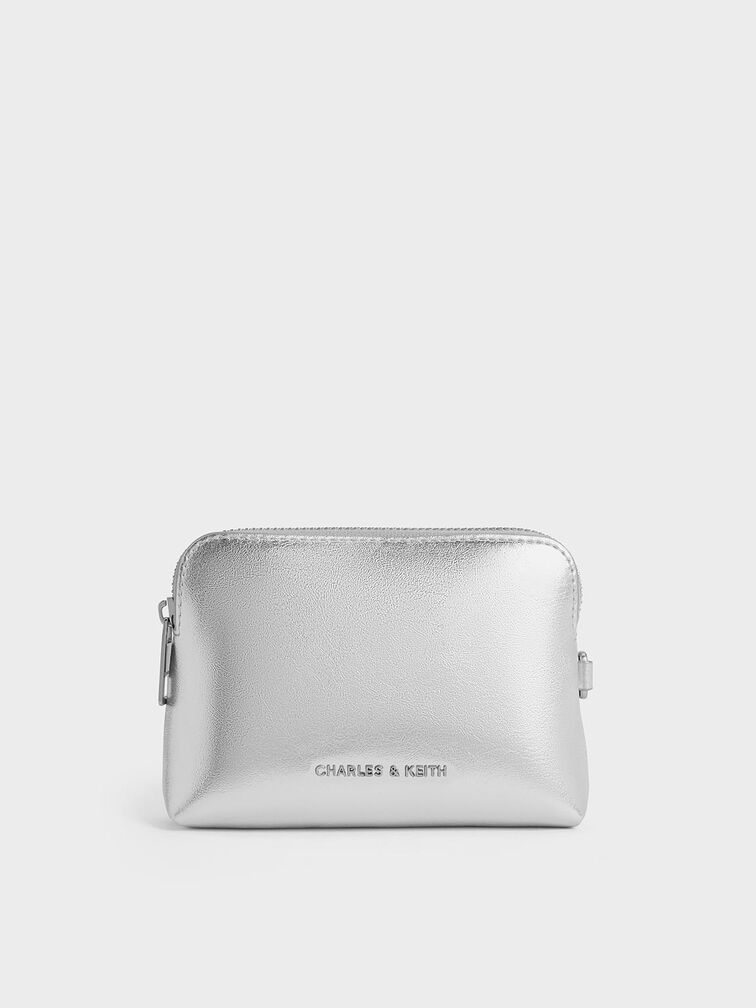 Bolso Atwood metalizado de efecto arrugado con asa de cadena, Plateado, hi-res