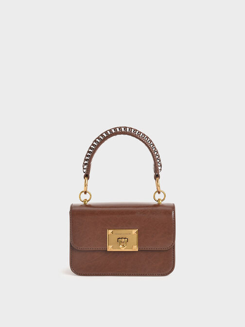 Metallic Turn-Lock Bag, Chocolate, hi-res