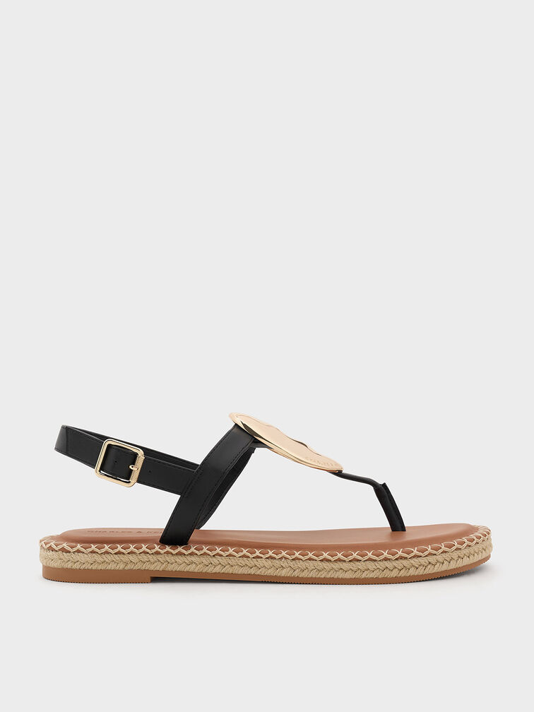 Metallic Oval Espadrille Sandals, Black, hi-res