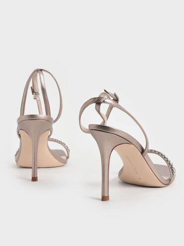 Metallic Accent Ankle-Strap Stiletto Sandals, Bronze, hi-res