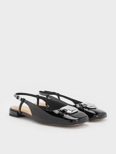 Patent Leather Metallic-Accent Slingback Flats, Black Patent, hi-res