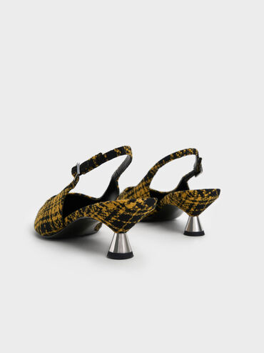 Checkered Spool Heel Slingback Pumps, Yellow, hi-res