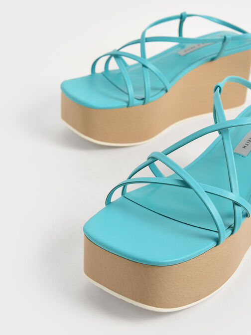 Ankle Strap Platform Wedges, Turquoise, hi-res