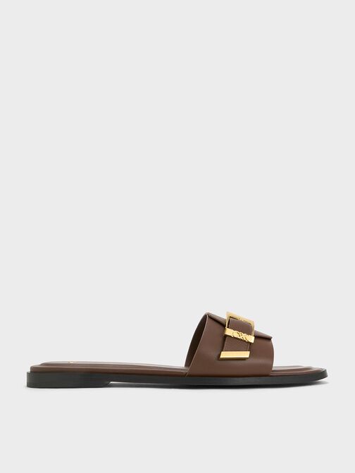 Sandalias de cuero con punta cuadrada y hebilla, Marrón oscuro, hi-res