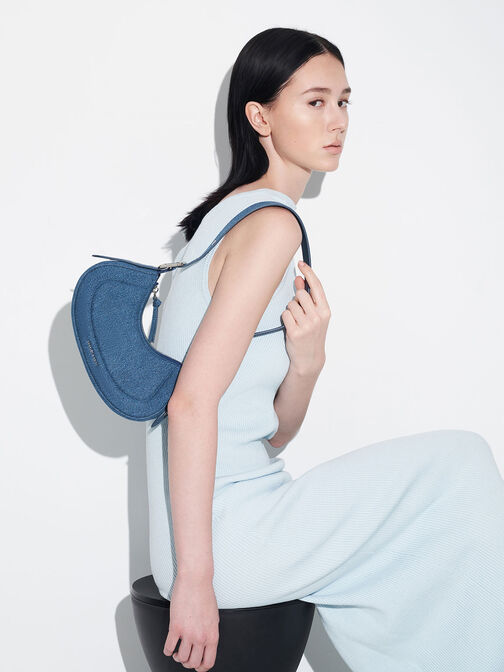 Petra Denim Curved Shoulder Bag, Denim Blue, hi-res