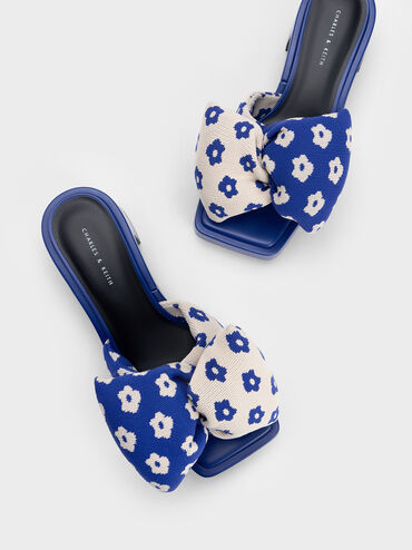 Floral Puffy Bow Heeled Mules, Blue, hi-res