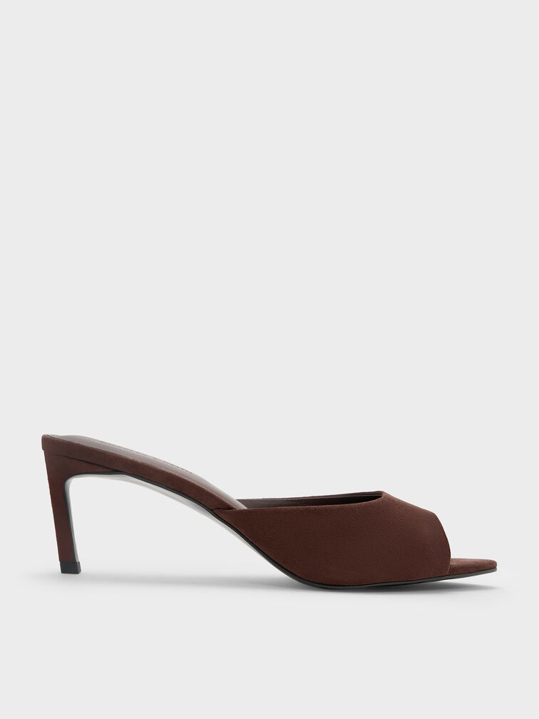 Faux Suede Pointed Peep-Toe Heeled Mules, Dark Brown, hi-res