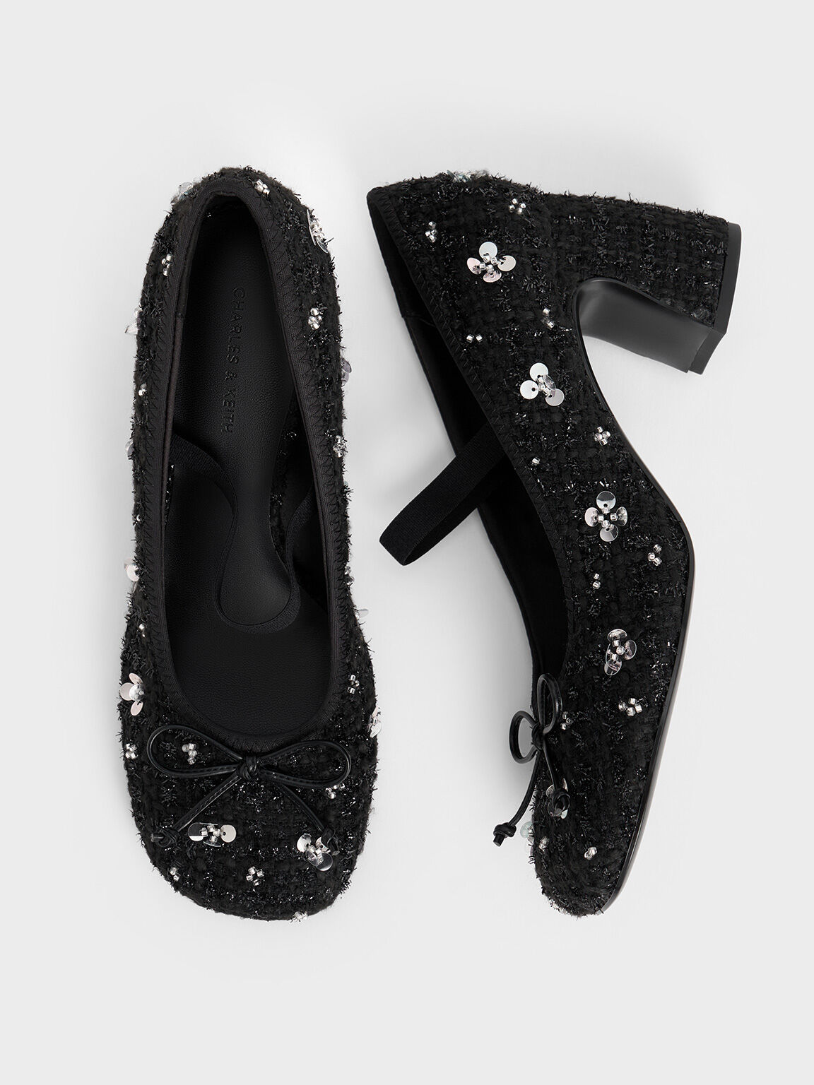 Mino Tweed Sequin-Flower Mary Jane Pumps - Black Textured