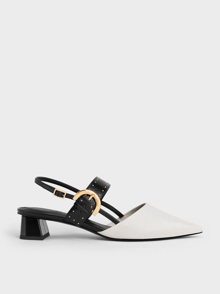 Chalk Studded Buckled Slingback Pumps - CHARLES & KEITH KR