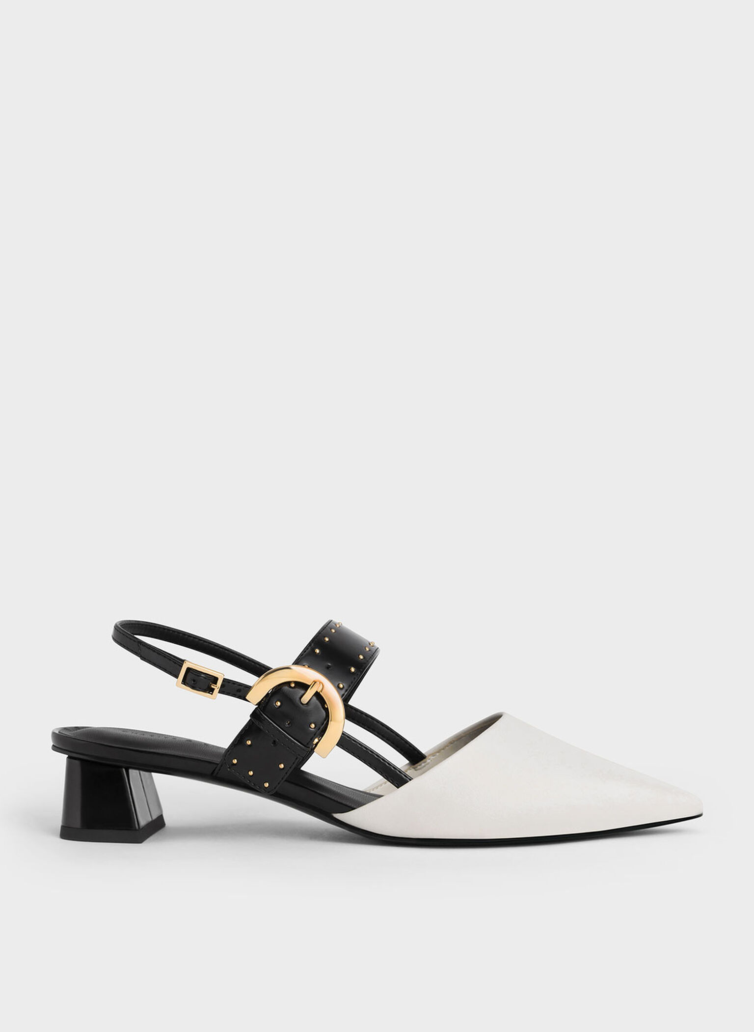 Studded Buckled Slingback Pumps, Chalk, hi-res