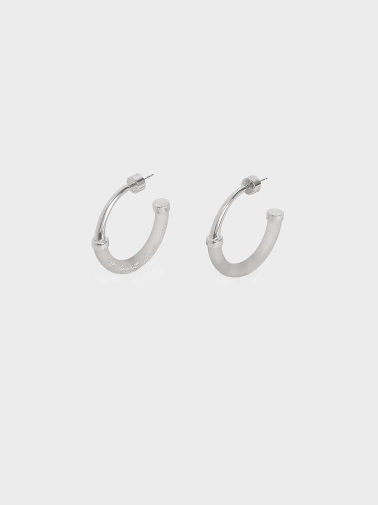 "My Heart Leads Me Back To You" Printed Hoop Earrings, Silver, hi-res