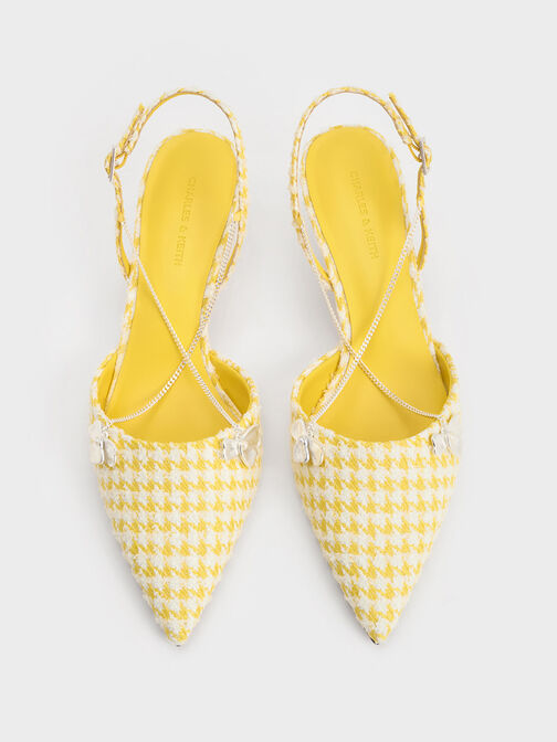 Zapatos de tacón bajo estampado pata de gallo con cadena y detalle floral, Amarillo, hi-res