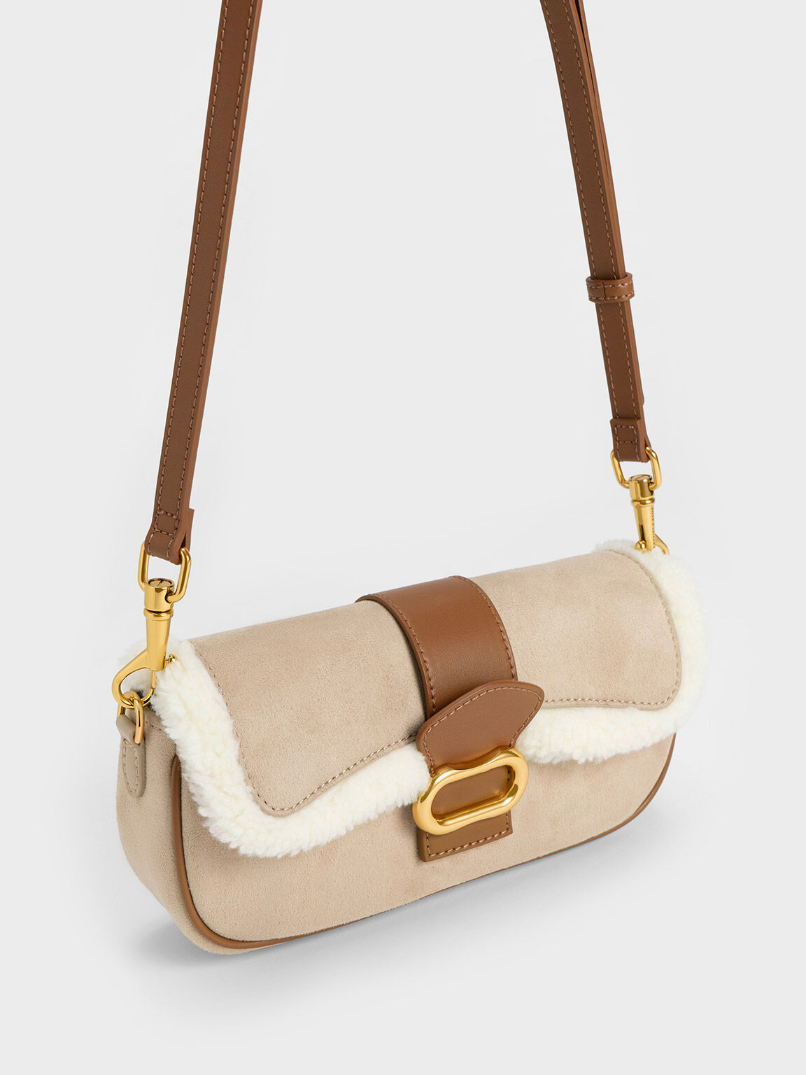 Daki Belted Fur-Trim Curved Bag, Multi, hi-res