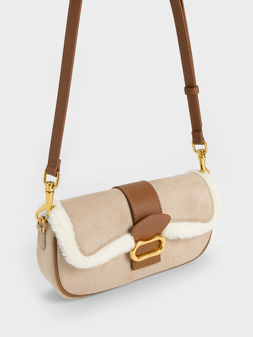 Daki Belted Fur-Trim Curved Bag, Multi, hi-res