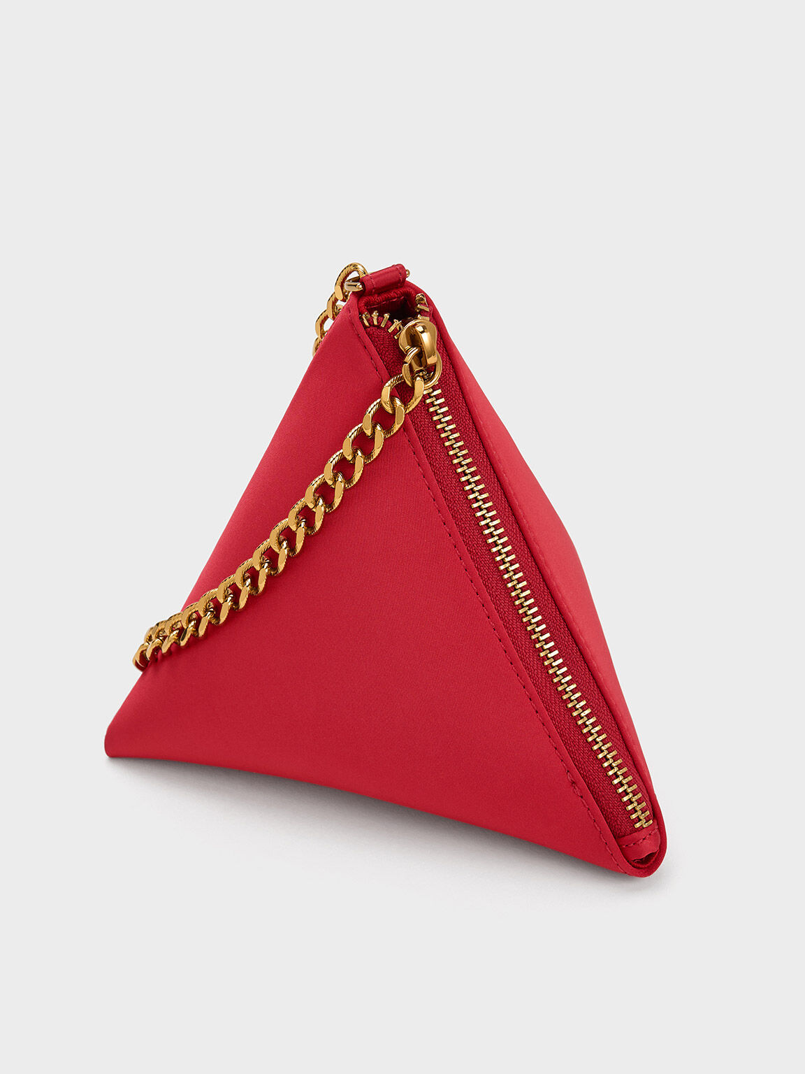 Chain Handle Satin Pyramid Clutch, Red, hi-res