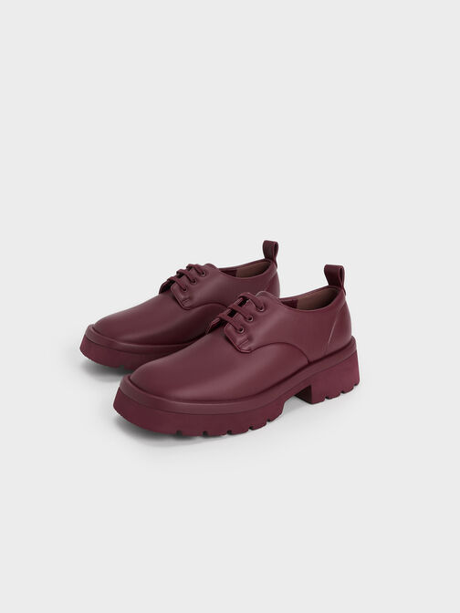 Ridged Sole Lace-Up Oxfords, Maroon, hi-res